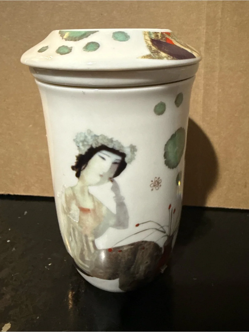 Teavana White Ceramic Teacup Set with Orange and Green Accents